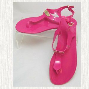 Michael Kors Retro JELLY SANDAL Ankle T-Strap LOGO PLATE Barbie HOT PINK Size 8